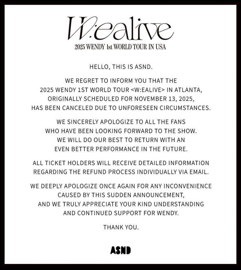 Red Velvet’s Wendy Cancels Atlanta Stop Of “W:EALIVE” World Tour