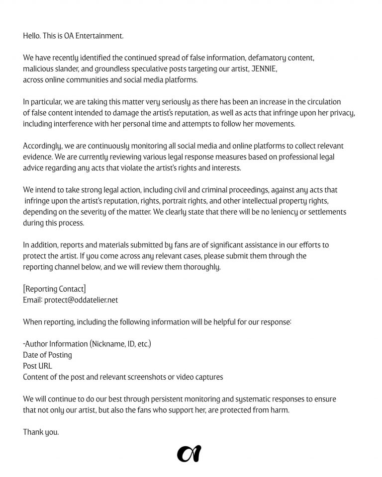 BLACKPINK’s Jennie’s Agency Announces Legal Action Against Malicious Posts